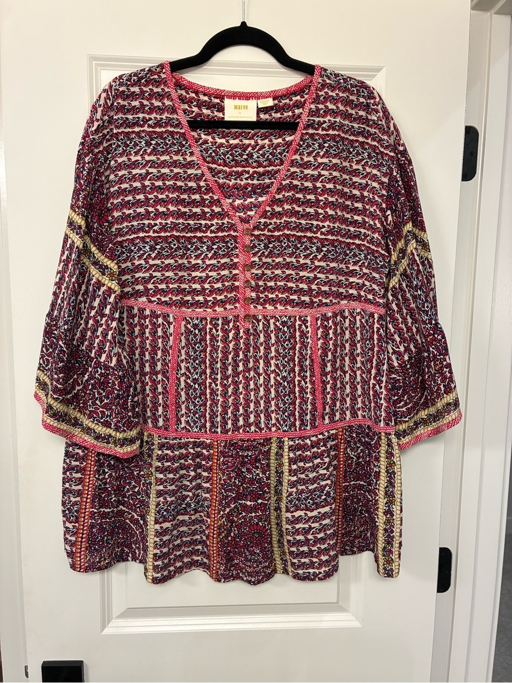 Maeve Pink Multicolor Peasant V-Neck Blouse